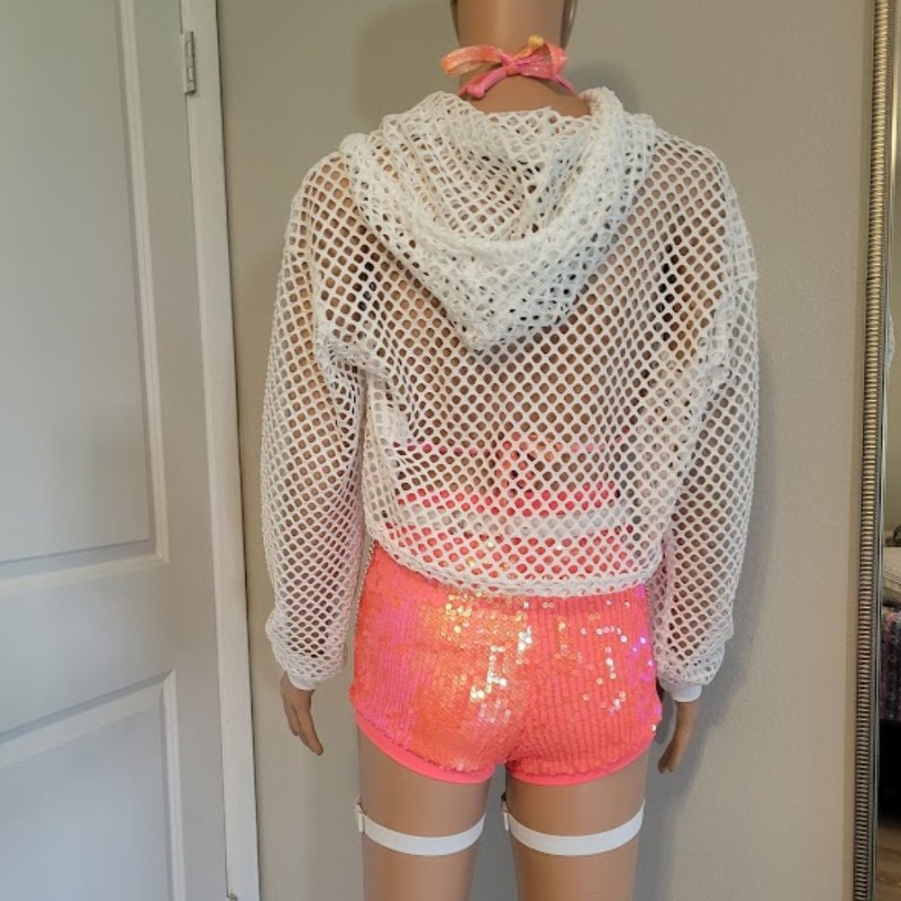 CLEARANCE!! Coral Sequin Set w/ White Fishnet Crop Rave Outfit - Picture 3 of 9